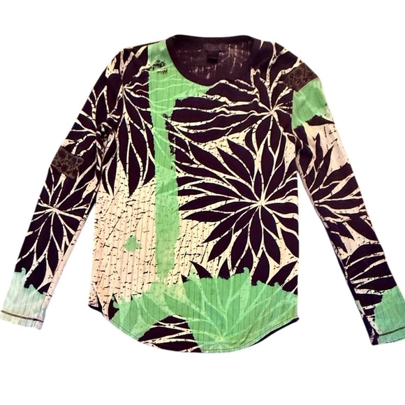 Custo Barcelona Black/Green Leaf Print Long Sleeve Top Size 2/Medium MSRP $350 - Picture 1 of 10